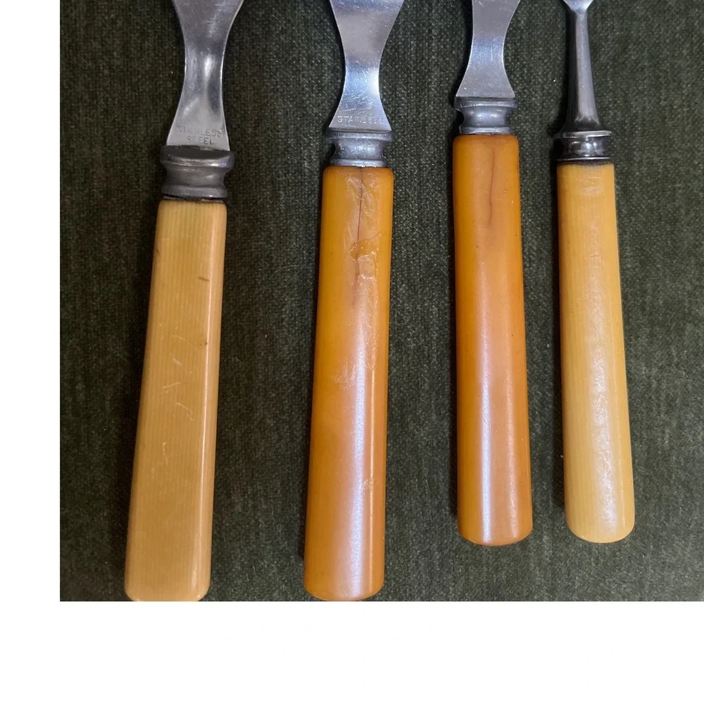Vtg Mixed Lot Bakelite Flatware Butterscotch Yellow Cherry Red 15Pc MCM Art Deco